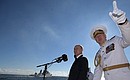 The Supreme Commander-in-Chief from a cutter reviewed fleet formations, lined up for the parade in the Kronstadt roadstead. With Commander-in-Chief of the Russian Navy Nikolai Evmenov.