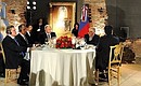 An official lunch hosted by President of Argentina Cristina Fernandez de Kirchner. Left to right: Russian Presidential aide Yury Ushakov, Russian Foreign Minister Sergei Lavrov, Vladimir Putin and President of Uruguay Jose Mujica.