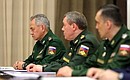 Defence Minister Sergei Shoigu, Chief of the General Staff of Russia’s Armed Forces – First Deputy Defence Minister Valery Gerasimov and Deputy Defence Minister Alexei Krivoruchko (from left to right) at the meeting with Defence Ministry leadership and defence industry heads.