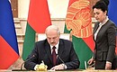 Signing documents following Union State Supreme State Council meeting.
President of Belarus Alexander Lukashenko.