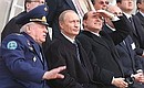President Putin with Italian Prime Minister Silvio Berlusconi watching demonstration flights. Air Force Commander-in-Chief Vladimir Mikhailov giving explanations.