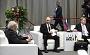 С Премьер-министром Индии Нарендрой Моди (слева) и помощником Президента России Юрием Ушаковым на встрече лидеров БРИКС по вопросам развития БРИКС и приоритетов стратегического партнёрства.