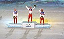 At the closing ceremony of the XXII 2014 Winter Olympics. Award ceremony for the Russian skiers who won the men’s 50 km mass start free race on the last day of the Games. The gold medal went to Alexander Legkov, Maxim Vylegzhanin won the silver, and Ilya Chernousov took the bronze medal.