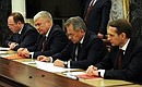 Chief of Staff of the Presidential Executive Office Anton Vaino, Interior Minister Vladimir Kolokoltsev, Defence Minister Sergei Shoigu, Director of the Foreign Intelligence Service Sergei Naryshkin at the meeting with permanent members of the Security Council.