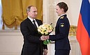 Senior Lieutenant Yelena Veselova is awarded the medal of the Order for Services to the Fatherland, II degree.