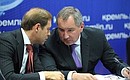 Industry and Trade Minister Denis Manturov and Deputy Prime Minister Dmitry Rogozin before a meeting on developing aviation engine building.