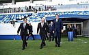 Visiting Kaliningrad Stadium. With Presidential Aide Igor Levitin (left) and Kaliningrad Region Governor Anton Alikhanov.