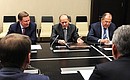 Before the meeting with permanent members of the Security Council. From left to right: Special Presidential Representative for Environmental Protection, Ecology and Transport Sergei Ivanov, Director of the Federal Security Service Alexander Bortnikov and Foreign Minister Sergei Lavrov.