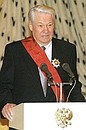 Russia\'s first President Boris Yeltsin being awarded the Order for Service to the Fatherland, 1st Class.