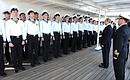 During visit to Mir Russian sail training ship.