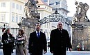 Dmitry and Svetlana Medvedev and Czech Republic President Vaclav Klaus and his wife Livia during the official welcoming ceremony at the Prazsky hrad (Prague Castle).