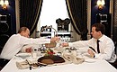 After their meeting, Mr Medvedev and Mr Putin continued their discussions over a working dinner. The Prime Minister, who earlier in the day visited the Golden Autumn 2010 agriculture exhibition, treated the President to bread and milk that he was given as gifts by the agricultural producers.