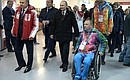 Visiting the Paralympic Mountain Village. With Sports Minister Vitaly Mutko (left) and Sergei Shilov, mayor of the Paralympics Alpine Village and six-times Paralympics champion, seven-times world champion and four-times European champion in cross-country skiing.