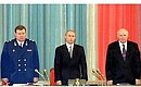 An all-Russian conference of prosecutors. President Vladimir Putin with Prosecutor-General Vladimir Ustinov (left) and Federation Council\'s Speaker Yegor Stroyev.