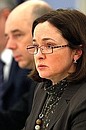Министр экономического развития Эльвира Набиуллина на заседании Комиссии по модернизации и технологическому развитию экономики России.