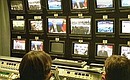 A TV centre in the Kremlin during Vladimir Putin\'s live televised question-and-answer session.