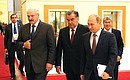 Before the start of a meeting of the CSTO Collective Security Council in expanded format. With President of Belarus Alexander Lukashenko (left), and President of Tajikistan Emomali Rahmon.
