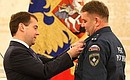 Ceremony awarding state decorations. Alexei Abramov, commander of a Russian Emergency Situations Ministry aviation base helicopter detachment, was awarded the Order for Battle Services.