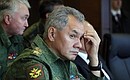 Defence Minister Sergei Shoigu during the main stage of the Zapad-2017 joint Russian-Belarusian strategic exercises at the Luzhsky training ground.