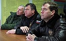 Monitoring the exercises of ground forces units. With Defence Minister Anatoly Serdyukov (centre) and Chief of the General Staff of the Russian Armed Forces Gen. Nikolai Makarov.