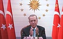 Президент Турции Реджеп Тайип Эрдоган в ходе торжественной церемонии по случаю завоза ядерного топлива российского производства на энергоблок № 1 турецкой АЭС «Аккую» (в режиме видеоконференции).