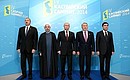 Heads of state meeting at the IV Caspian Summit (from left to right): President of Azerbaijan Ilham Aliyev, President of Iran Hassan Rouhani, President of Russia Vladimir Putin, President of Kazakhstan Nursultan Nazarbayev, and President of Turkmenistan Gurbanguly Berdymukhamedov.