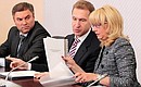 Before the meeting of the Commission for Modernisation and Technological Development of Russia’s Economy. From left: Deputy Prime Minister and Government Chief of Staff Vyacheslav Volodin, First Deputy Prime Minister Igor Shuvalov and Healthcare and Social Development Minister Tatyana Golikova.