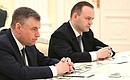 Leonid Slutsky (nominated by the LDPR party) and Vladislav Davankov (nominated by the New People party) at the meeting with candidates for post of Russian Federation President. Photo: Grigoriy Sisoev, RIA Novosti