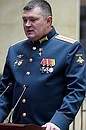 Senior Lieutenant Roman Debely at the ceremony for presenting Gold Star medals of the Hero of Russia to participants in the special military operation who distinguished themselves in combat operations.