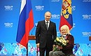 Meeting with XI Winter Paralympics medallists. Oksana Slesarenko, silver medallist in wheelchair curling, was awarded the Medal of the Order for Services to the Fatherland I degree.