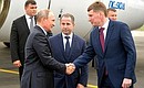 Arrival in Perm. With Perm Territory Acting Governor Maxim Reshetnikov, right, and Presidential Plenipotentiary Envoy to the Volga Federal District Mikhail Babich.