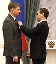 Ceremony of presenting 2010 Presidential Prize in Science and Innovation for Young Scientists. The prize was awarded to Maxim Mokrousov for the development of LEND (Lunar Exploration Neutron Detector) space neutron detector and using it to obtain new results in the study of the Moon.