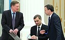 Before the meeting on the implementation of presidential executive orders of May 7, 2012. Left to right: Chief of Staff of the Presidential Executive Office Sergei Ivanov, Deputy Prime Minister — Government Chief of Staff Vladislav Surkov, and Deputy Prime Minister Arkady Dvorkovich.