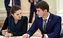 During the meeting with winners of the Teacher of the Year 2016 national contest. Finalist Yekaterina Kalinina, English language teacher at Novosibirsk School No 9, and winner Anton Lagutin, teacher of mathematics and computer science at Kvantor School No 2 in Koloma.