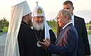 With Metropolitan Tikhon (Shevkunov) of Pskov and Porkhov and Patriarch Kirill of Moscow and All Russia after the ceremony unveiling the memorial complex Prince Alexander Nevsky and his Retinue.