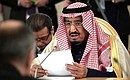 King Salman bin Abdulaziz Al Saud of Saudi Arabia during Russian-Saudi talks in expanded format.