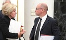 Deputy Prime Minister Olga Golodets and First Deputy Chief of Staff of the Presidential Executive Office Sergei Kiriyenko before the meeting with Government members.