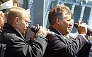 President Putin on board the missile cruiser Marshal Ustinov with Polish President Alexander Kwasniewski during the tactical exercises of the Baltic and Northern Fleets. 
