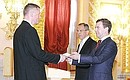 Церемония вручения верительных грамот послами иностранных государств. Верительную грамоту Президенту России вручает посол Латвийской Республики Эдгарс Скуя.