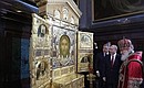 Patriarch Kirill of Moscow and All Russia blesses the icon of Christ the Saviour Not-Made-by-Hands, which was sponsored by the President and created for the main church of the Armed Forces of Russia.