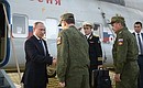 Arriving in Orenburg. With Defence Minister Sergei Shoigu (right) and Valery Gerasimov, Chief of the General Staff of the Armed Forces of the Russian Federation, first Deputy Minister of Defence of the Russian Federation.