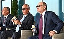 Watching demonstration flights at the International Aviation and Space Salon MAKS-2021. With Deputy Prime Minister Yury Borisov and Head of Rostec State Corporation Sergei Chemezov (in the center).