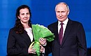 Gala event dedicated to the 300th anniversary of the Russian Academy of Sciences. Vladimir Putin awards the 2023 Presidential Prize in Science and Innovation for Young Scientists to Associate Professor at the Department of Geochemistry at St Petersburg State University, Olga Yakubovich (PhD in Geology and Mineralogy). Photo: Valery Sharifulin, TASS