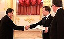 Presentation by foreign ambassadors of their letters of credence. Dmitry Medvedev receives a letter of credence from Ambassador of the People’s Democratic Republic of Laos Thieng Boupha.