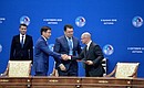 Chairman of the Management Board of the National Atomic Company Kazatomprom Askar Zhumagaliyev, Energy Minister of Kazakhstan Kanat Bozumbayev and Russia’s Rosatom CEO Sergei Kiriyenko after signing a memorandum of understanding and expansion of strategic cooperation in nuclear fuel cycle.