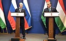 На пресс-конференции по окончании российско-венгерских переговоров. С Премьер-министром Венгрии Виктором Орбаном.