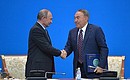 With President of Kazakhstan Nursultan Nazarbayev at the signing ceremony after the 13th Russia-Kazakhstan Interregional Cooperation Forum.