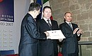 Ceremony presenting the Award for Special Services by Russian and Italian Citizens in Developing Bilateral Cooperation. The award was presented to Governor of Lipetsk Region Oleg Korolyov (centre).