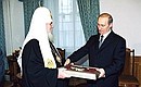 Patriarch of Moscow and All Russia Alexy II handing President Putin the badge and diploma of a winner of the prize for “Distinguished Activity in Reinforcing the Unity of Orthodox Peoples”.
