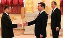Presentation by foreign ambassadors of their letters of credence. Dmitry Medvedev receives a letter of credence from Ambassador of the Republic of Korea Wi Son Lak.